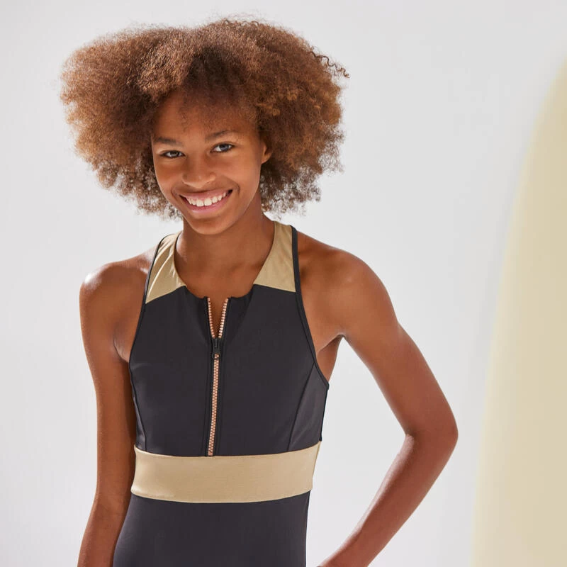 MAILLOT DE BAIN 1 PIECE CALYSTA FILLE 900 NOIR OR – Image 3